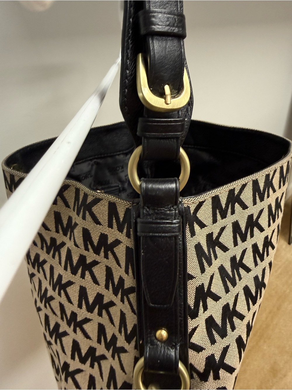 Michael Kors Beige and Black MK Monogram Tote with Gold Plaque